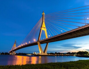 Fototapeta premium Illuminated cable-stayed bridge at twilight over a calm river