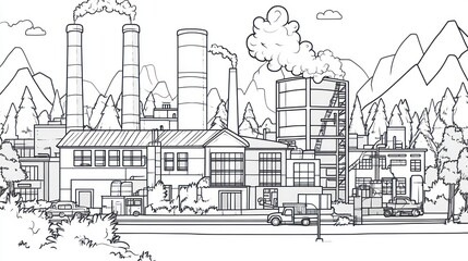 Obraz premium Industrial complex illustration with smoke stacks cars and environment