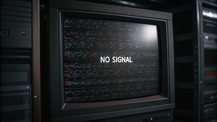 Glitched UI screen displaying No Signal text, surrounded by vintage electronic equipment, evokes sense of nostalgia and disconnection in retro setting