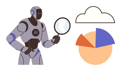 AI robot holding magnifying glass examining data from a pie chart. Cloud represents digital storage. Ideal for technology, innovation, analysis, data science, research, cloud computing, automation