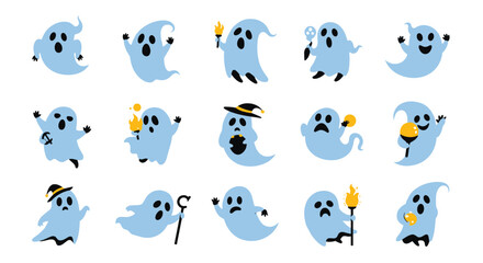 A collection of cute cartoon ghosts with various expressions and holding objects.