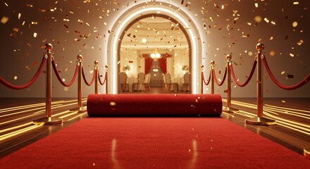 Grand Entrance Red Carpet Leading to a Luxurious Celebration with Golden Confetti
