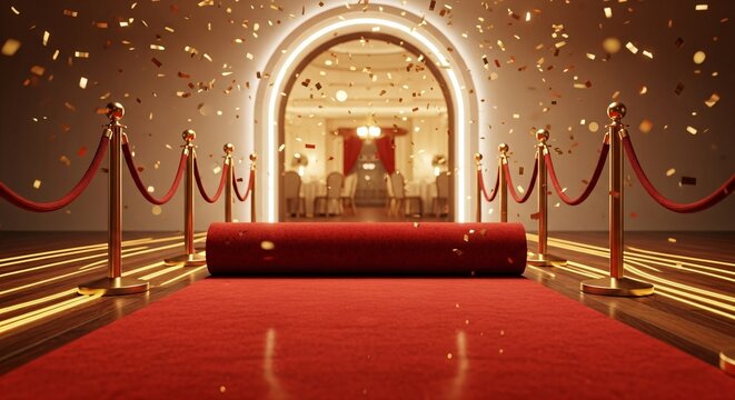 Grand Entrance Red Carpet Leading to a Luxurious Celebration with Golden Confetti