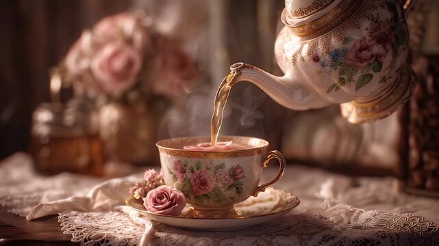 Elegant afternoon tea romantic vintage luxury hot drink steam 4k AI generated video. Exquisite porcelain teacup teapot roses gold floral tea ceremony 4k AI generated video.