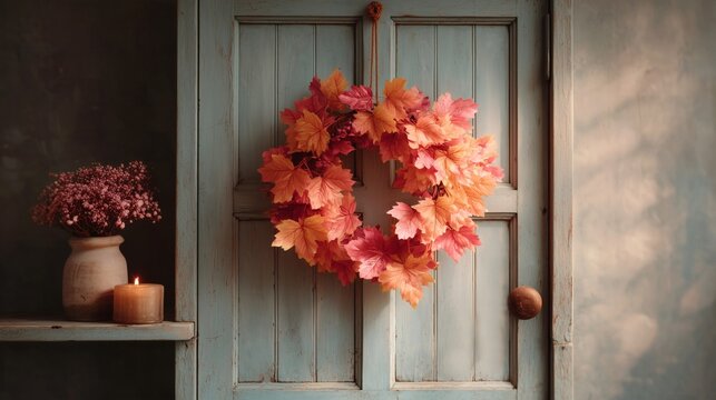 Decorative autumn wreath made of colorful maple leaves in red, orange, and yellow shades, hanging on a rustic wooden door.