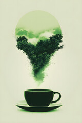Creative nature concept with green trees and a cloud shape emerging from a black cup