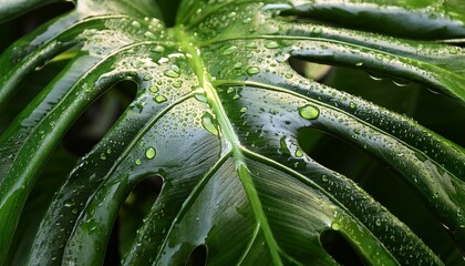 Fototapeta premium A High Resolution Macro Shot Of Monstera Leaves Capturing The Interplay Of Light And Shadow On Their Glossy Surfaces Scattered Dewdrops Magnify The Delicate Textures While The Intricate Natural