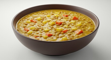 Warm Lentil Soup with Potatoes and Carrots in Rustic Brown Bowl