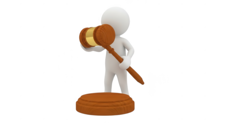 Stick figure with gavel and sound block isolated on transparent background