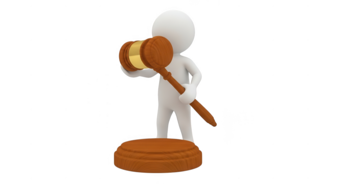 Stick figure with gavel and sound block isolated on transparent background