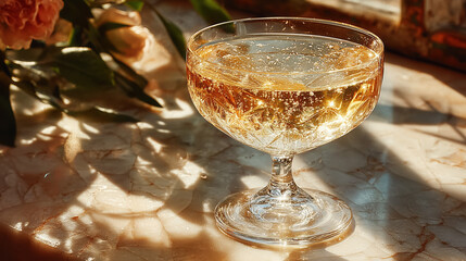 Sparkling coupe glass on sunlit marble surface