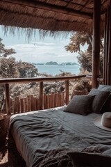 Woven-roof cabin veranda showcases serene sea view over lush green forest, pillows, hat on bed