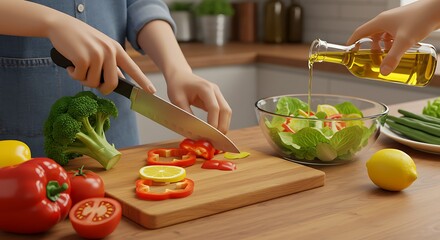 A couple preparing a delicious and nutritious meal together, chopping fresh bell peppers and dressing a salad with olive oil