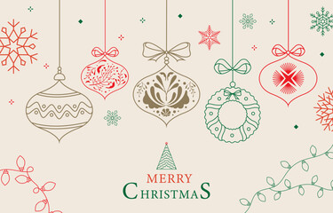 Minimal art deco with baubles,ball outline.vector illustration banner for Christmas party invitation card, postcard, menu ,print, social media template