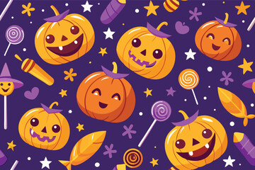 Seamless Halloween pattern with a purple background of pumpkins, candies, and stars.