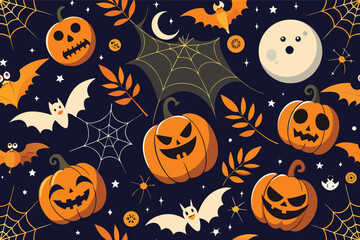 Seamless Halloween pattern. Black background with pumpkins, spider webs, and bats.