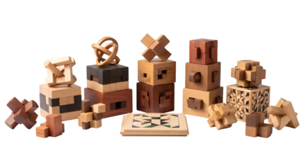 Collection of wooden puzzle isolated on transparent background, showcasing various interlocking designs and brainteasing challenges for problemsolving