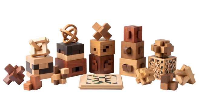 Collection of wooden puzzle isolated on transparent background, showcasing various interlocking designs and brainteasing challenges for problemsolving