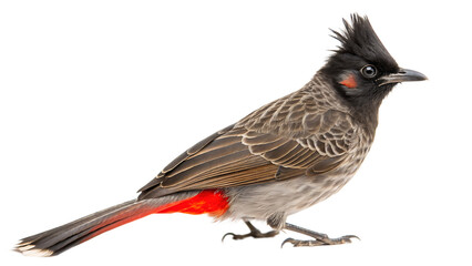 A small brown house sparrow with a white feather in its beak sits on a branch, a young wild bird in a garden