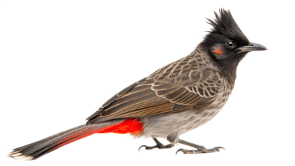 A small brown house sparrow with a white feather in its beak sits on a branch, a young wild bird in a garden