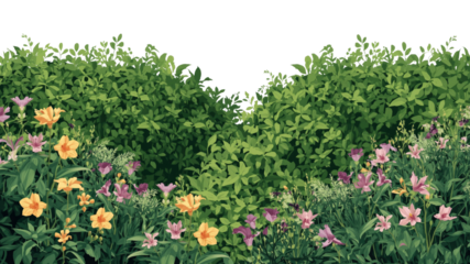Lush Green Hedge with Vibrant Spring Flowers -  Botanical Illustration