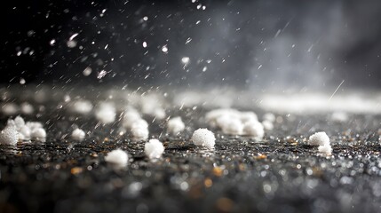 Close up of hail storm on asphalt ground with raindrops and ice pellets weather related extreme weather event