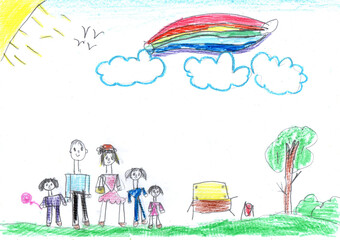 Child drawing of a happy family on a walk outdoors