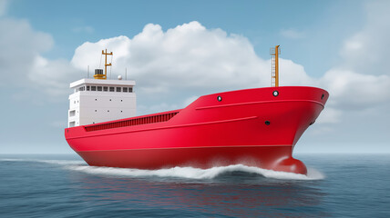 Futuristic red cargo ship moves smoothly across ocean under bright blue sky with fluffy clouds, showcasing modern maritime technology and sleek design