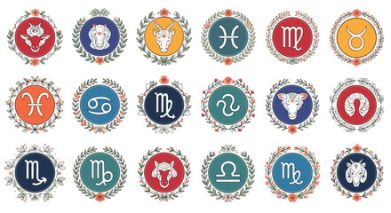 Collection of detailed zodiac sign illustrations in circular frames
