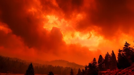 Dramatic orange sky over forest landscape, fiery sunset nature background, apocalyptic scene photography