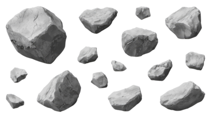 Collection of Grey Rocks, Stones, and Pebbles on Transparent Background - Isolated Elements for Design