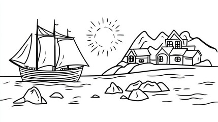 Coastal scene with sailboat and village