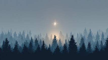 Stars twinkling over a misty forest at dawn, capturing nature's serene beauty, Christmas night