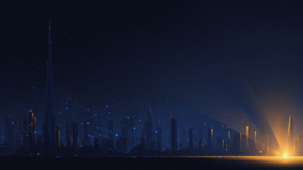 Fototapeta premium Sunshine in the Smart digital Innovation city with connection network reciprocity over the cityscape. of future smart wireless digital city and social media networking systems that connects