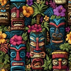 Obraz premium Seamless Pattern of Colorful Tiki Masks Surrounded by Vibrant Tropical Flowers and Lush Foliage Design