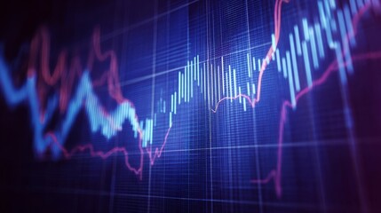A digital graph with blue and red lines illustrates stock market trends and financial performance,
