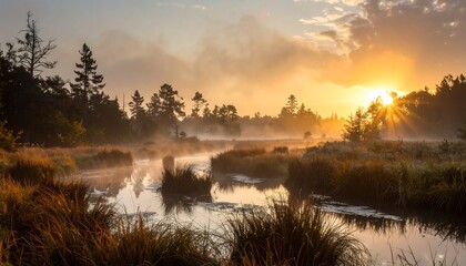 Misty sunrise over a tranquil marsh