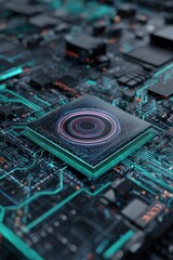 Close-up of a microchip with concentric rings glowing, situated on a circuit board with teal traces