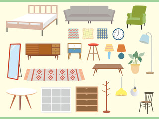 Illustration of various furniture pieces and other home decor items on a light yellow background.