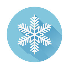 Simple flat design snowflake symbol. White winter snow crystal icon in a light blue circle with a long shadow effect, ideal for web or app UI