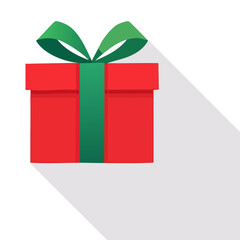 Vibrant red gift box with a green ribbon bow, a flat design vector illustration with a long shadow. This present icon symbolizes giving, surprises, and joyful celebrations