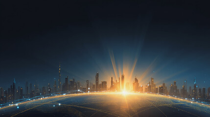 Fototapeta premium Sunshine in the Smart digital Innovation city with connection network reciprocity over the cityscape. of future smart wireless digital city and social media networking systems that connects