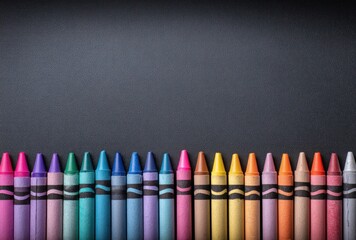 Array of colorful crayons lined up neatly along the bottom edge of a dark gray background, creating a playful contrast and clean aesthetic