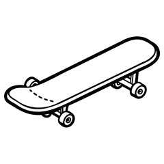 Black and white line art illustration of a skateboard