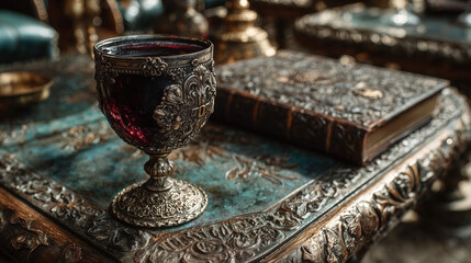 Fototapeta premium Silver wine goblet filled with red wine beside ornate book