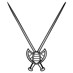 Crossed medieval swords with shield emblem in monochrome line art style