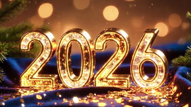 New Year Numbers 2026 Golden Celebration on Velvet with Warm Light and Bokeh
