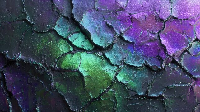 Cracked iridescent paint texture on dark base, neon green and violet highlights, photorealistic lighting