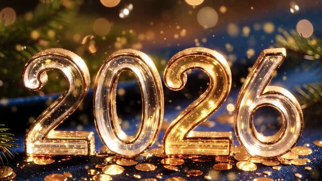 Luxury New Year Numbers 2026 with Champagne Bubbles and Fir Branches