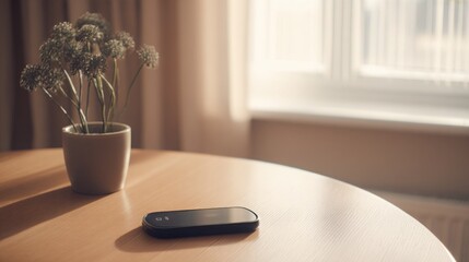organized. Minimalist workspace featuring a closed device on a wooden table, exuding calm and productivity in warm tones. lifestyle magazines.